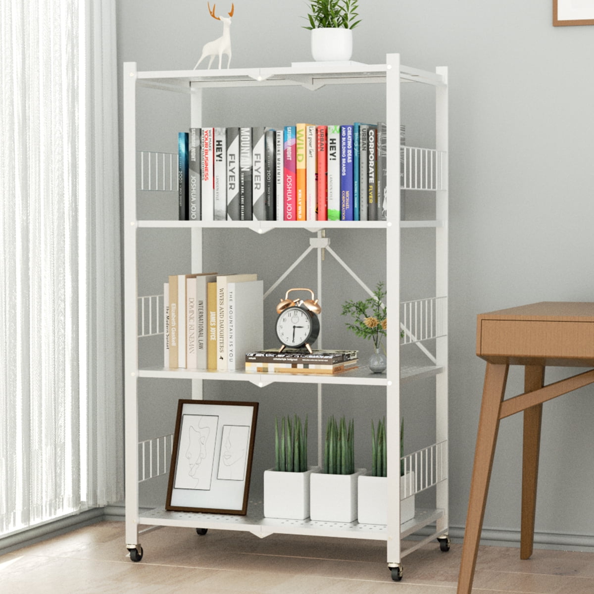 MOLYHOM Folding Storage Shelves, 4Tier Metal Collapsible Shelves with