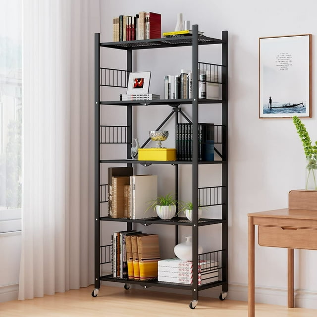 MOLYHOM 5-Tier Foldable Metal Storage Shelves, Collapsible Rolling Rack ...