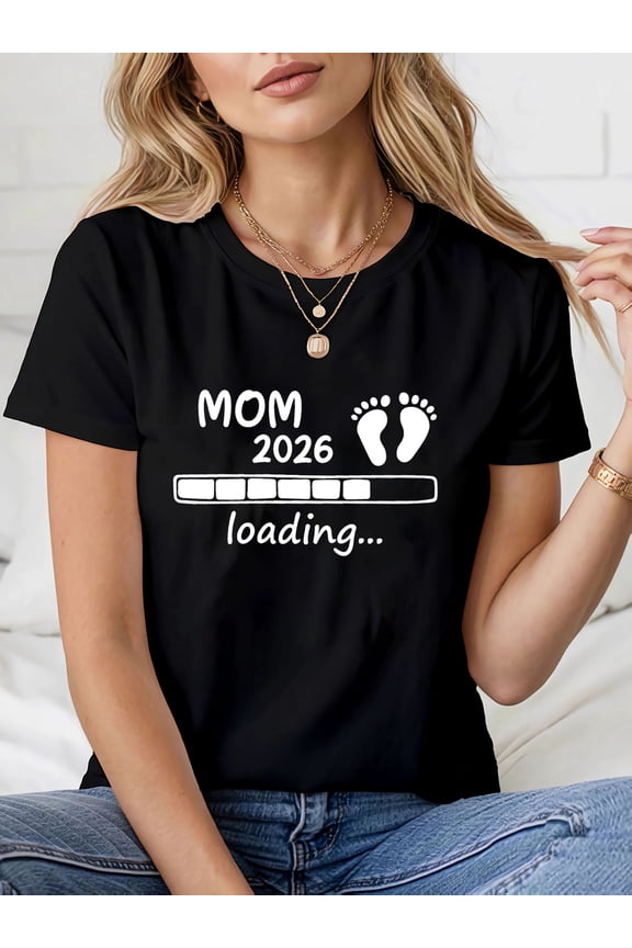 MOM 2026 Loading Pregnancy Announcement Graphic Tee Retro Expecting Mother Gift Shirt Cute Maternity Top Black