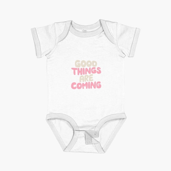 MOM & BABY Good Things Are Coming Typography by The Motivated Type in Mineral Green, Flamingo Pink and Almond White Short Sleeve Baby One-Piece