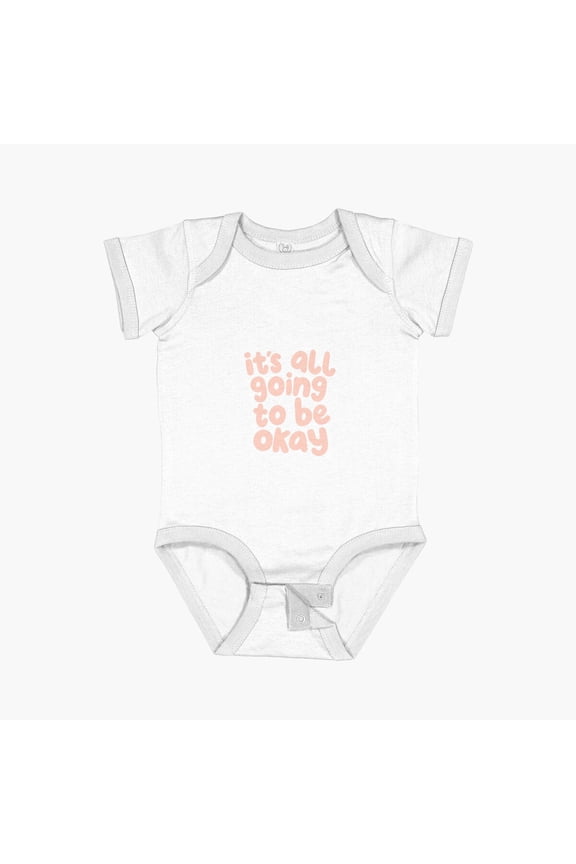 It's All Going to Be Okay Typography by The Motivated Type in Dusty Teal and Rose Gold Short Sleeve Baby One-Piece