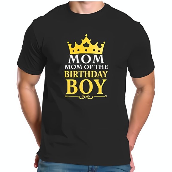 MOM MOM OF THE BIRTHDAY BOY T-Shirt - Fun Black Cotton -All-cotton