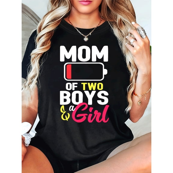 MOM OF TWO & a Letter Print T-shirt, Short Sleeve Crew Neck Casual Top for Summer & Spring, Women's Clothing