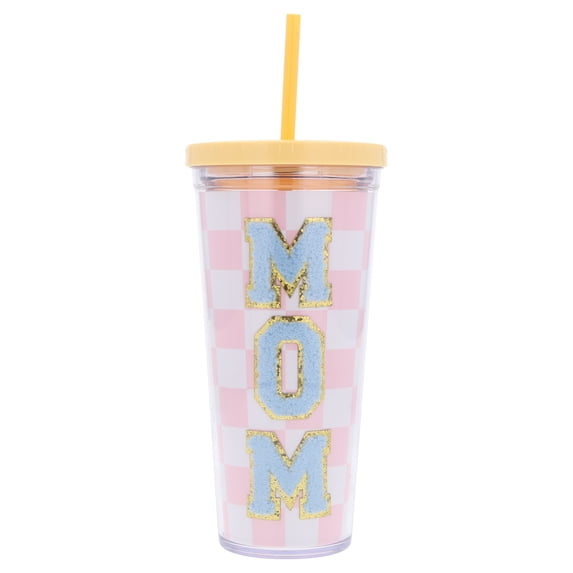 Checkered Mom Patch Tumbler with Straw, Pink, 24 oz, Mother's Day by Way To Celebrate