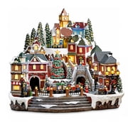 Animated Christmas Village Scene with Rotating Train LED Lighted Houses Snow Covered Town Display Holiday Tabletop Decor with Christmas Tree and Figurines
