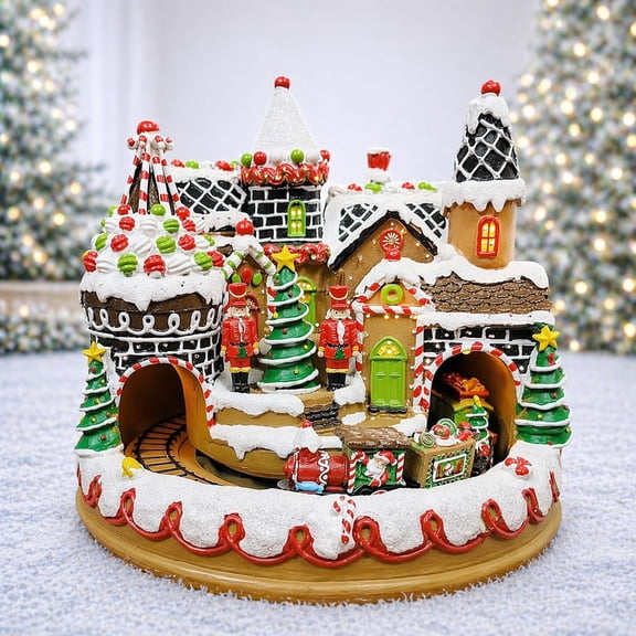 MOMENTS IN TIME Animated Gingerbread Train Station 10.63H Lighted Christmas Village with Moving Train, LED Lights & Music Hand-Painted Polyresin Holiday Dcor with Adapter Included