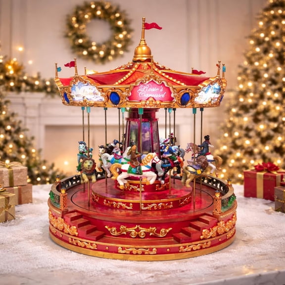 MOMENTS IN TIME Animated Rosies Carousel (Moving Carousel) 15.2H LED Lights 8 Classic Carols Christmas Music, Adapter Included Christmas Village Handcrafted Polyresin Moving Carouse