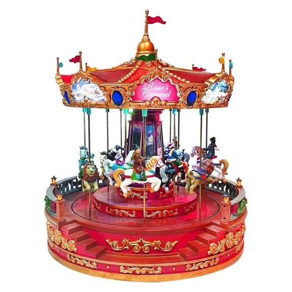 MOMENTS IN TIME Animated Rosies Carousel (Moving Carousel) 15.2H LED Lights 8 Classic Carols Christmas Music, Adapter Included Christmas Village Handcrafted Polyresin Moving Carouse