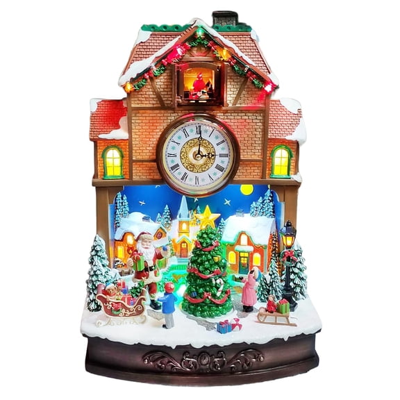 Christmas Village Cuckoo Clock Animated Santa & Tree Scene with LED Lights and Music Plug-in Adapter Holiday Tabletop Decoration (17.5H)
