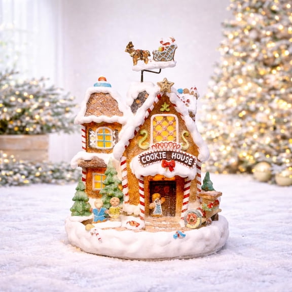 MOMENTS IN TIME Gingerbread Cookie House LED Animated Musical Christmas Village Building with Santa Sleigh & Lights Battery Adapter Powered Festive Holiday Tabletop Display Hand Painted