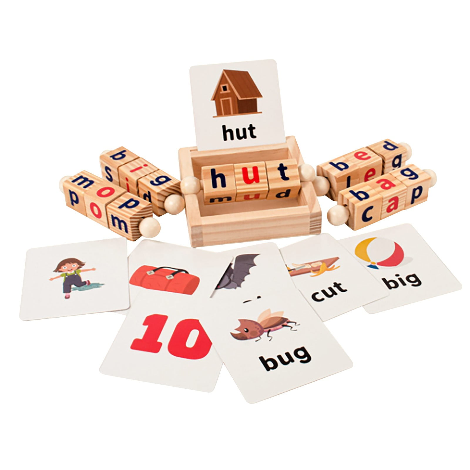 MOMKER Novelty Toys Wooden Reading Short Vowel Rods Spelling Games Flash Cards Turning Rotating