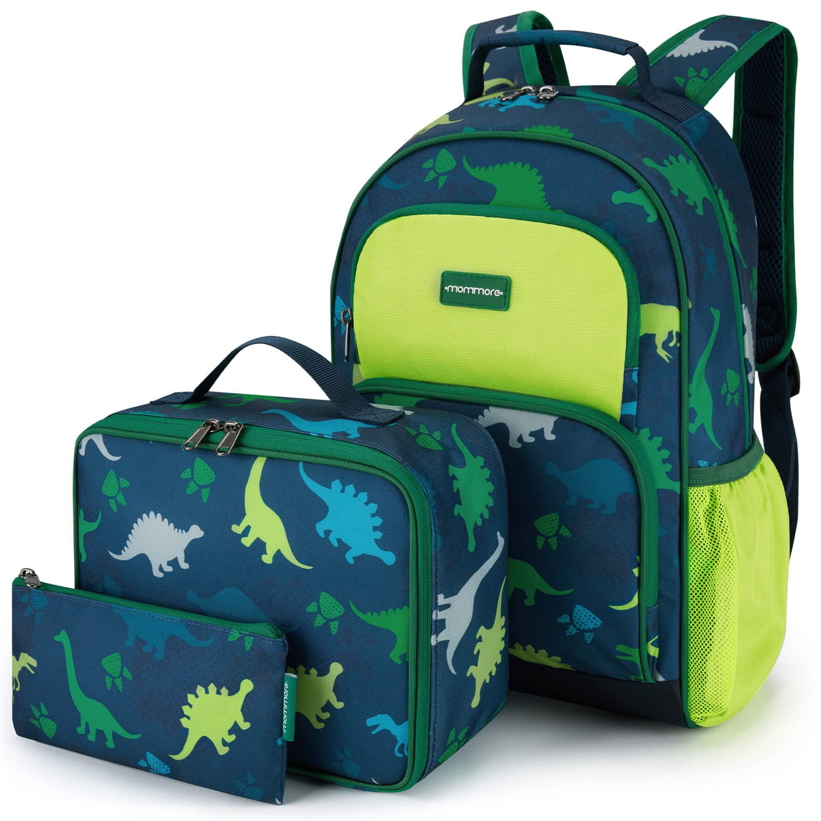 MOMMORE 3pcs School Backpack Set for Elementary Bookbag for Students with Chest Strap, Lightweight, Green Dinosaur