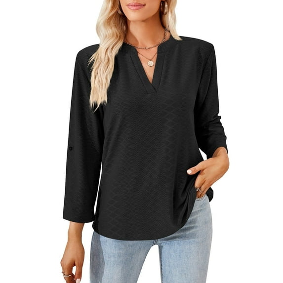 MOMOFEEL Long Sleeve Shirts for Women 3/4 Sleeve Loose Blouses V-neck Tunic Tops Summer (M9007 Black S)