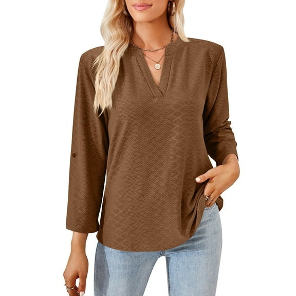 MOMOFEEL Long Sleeve Shirts for Women 3/4 Sleeve Loose Blouses V-neck Tunic Tops Summer (M9007 Coffee L)