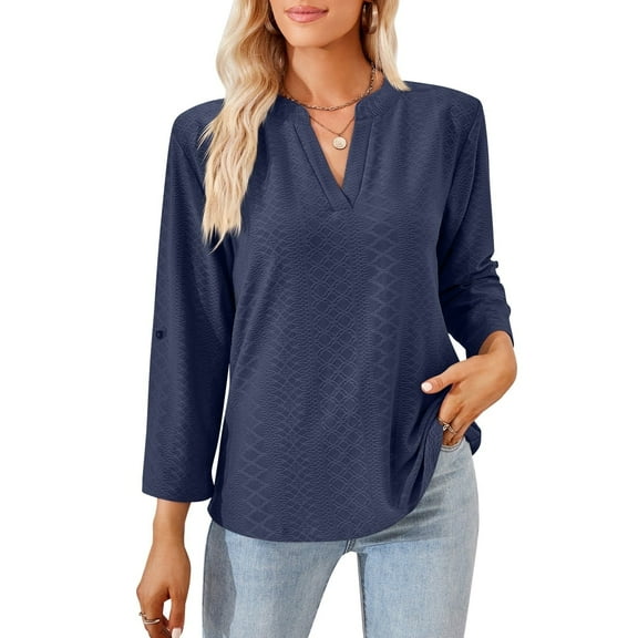 MOMOFEEL Long Sleeve Shirts for Women 3/4 Sleeve Loose Blouses V-neck Tunic Tops Summer (M9007 Dark Blue M)