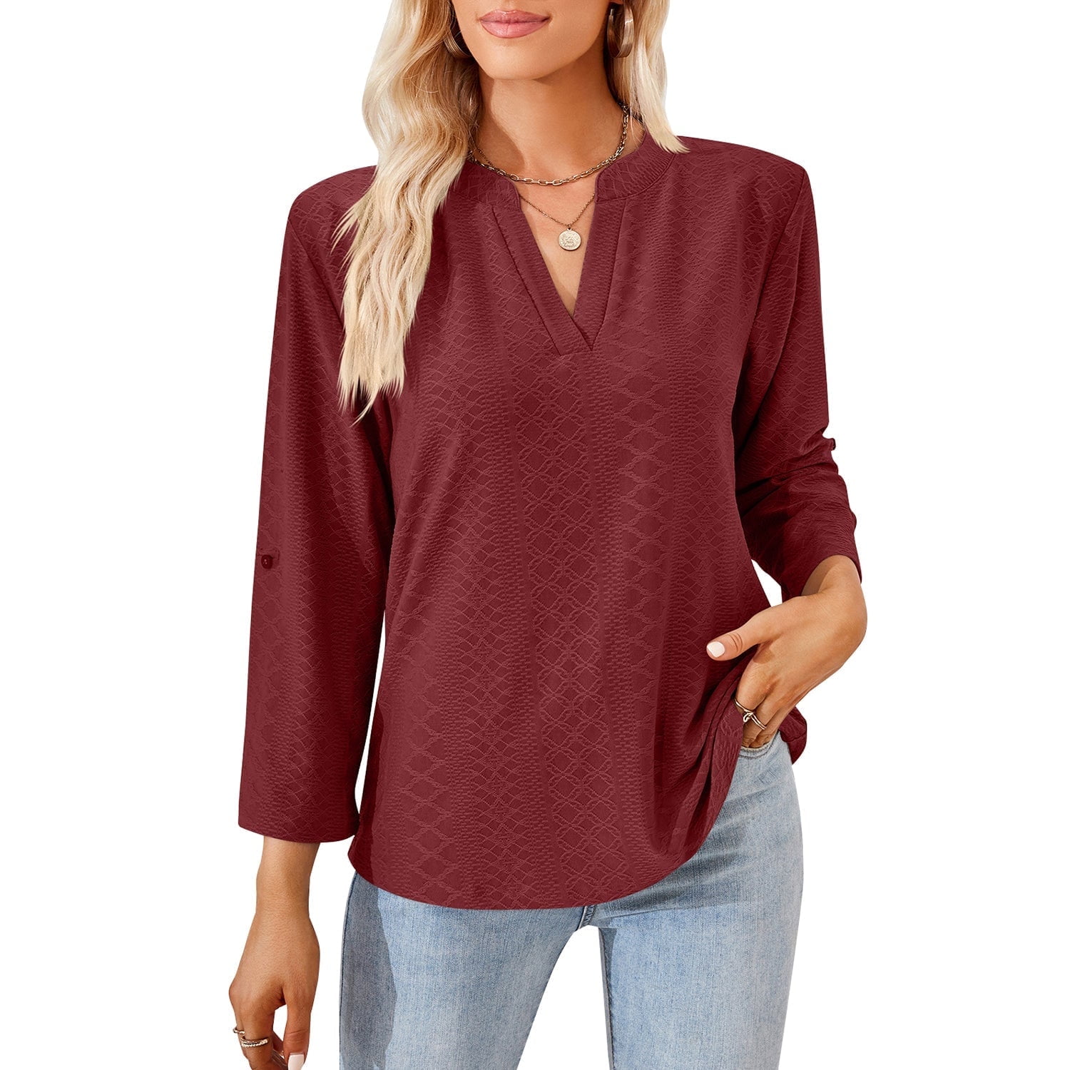 MOMOFEEL Long Sleeve Shirts for Women 3/4 Sleeve Loose Blouses V-neck Tunic Tops Summer (M9007 Wine Red XXL)