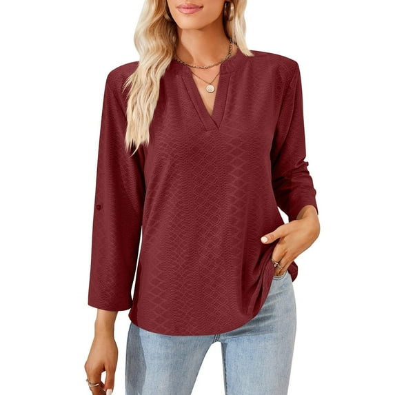 MOMOFEEL Long Sleeve Shirts for Women 3/4 Sleeve Loose Blouses V-neck Tunic Tops Summer (M9007 Wine Red XXL)