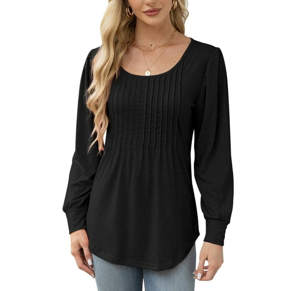 MOMOFEEL Pleated Blouses for Women Puff Long Sleeve Tunic Tops Dressy Casual Shirts For Spring or Summer (M9011 Black L)