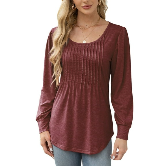 MOMOFEEL Pleated Blouses for Women Puff Long Sleeve Tunic Tops Dressy Casual Shirts For Spring or Summer (M9011 Wine Red XL)