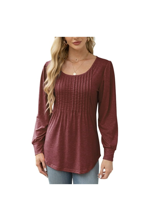Pleated Blouses for Women Puff Long Sleeve Tunic Tops Dressy Casual Shirts For Spring or Summer (M9011 Wine Red L)