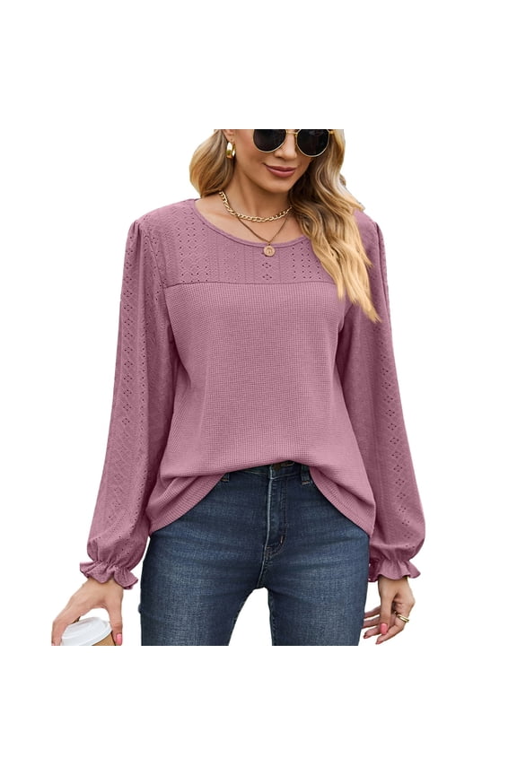 Puff Lace Long Sleeve Shirts for Women Crewneck Tunic Tops Waffle Knit Blouse For Spring or Summer (M9005 Brick Red L)
