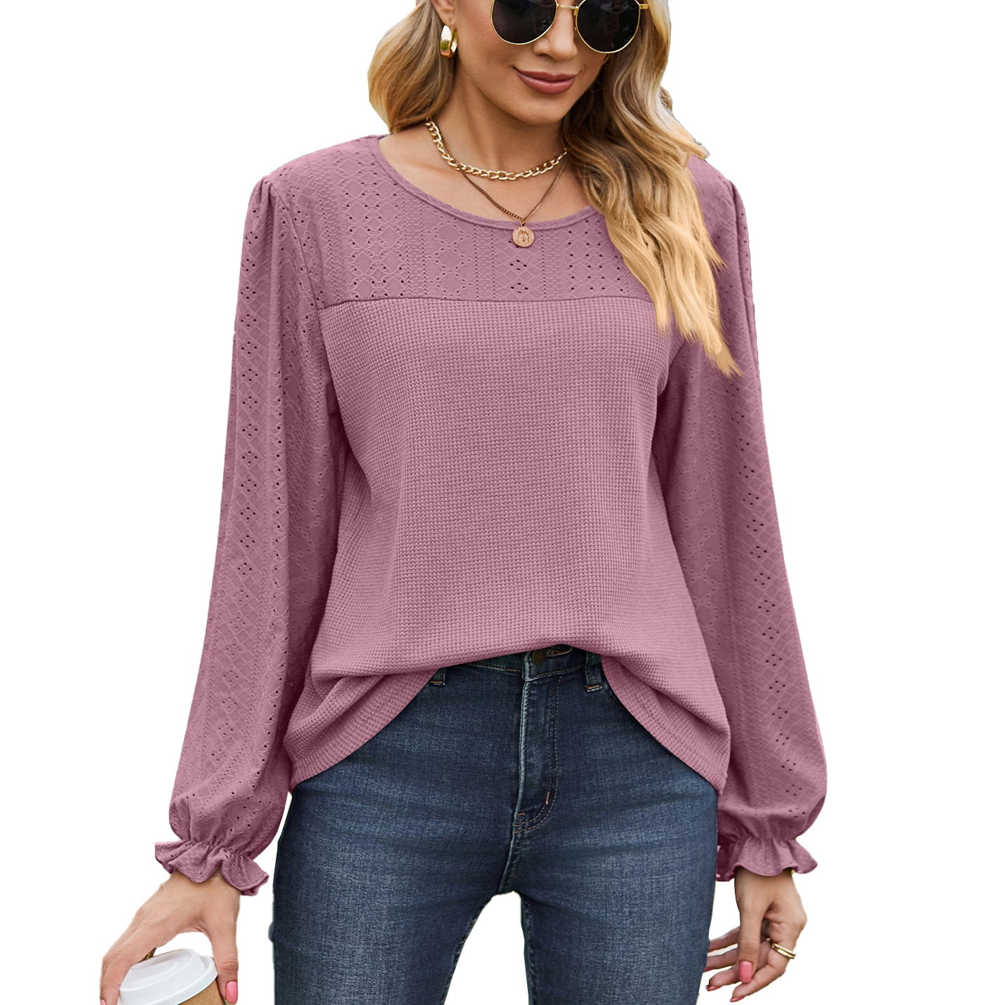 Women's Round-neck Waffle Knit Lace Cutout Short-sleeved Shirt main image 1