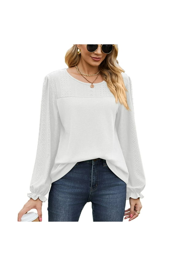 Puff Lace Long Sleeve Shirts for Women Crewneck Tunic Tops Waffle Knit Blouse For Spring or Summer (M9005 White XL)