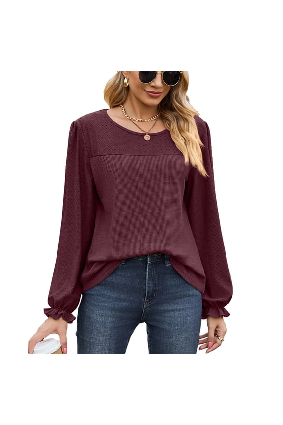 Puff Lace Long Sleeve Shirts for Women Crewneck Tunic Tops Waffle Knit Blouse For Spring or Summer (M9005 Wine Red XL)