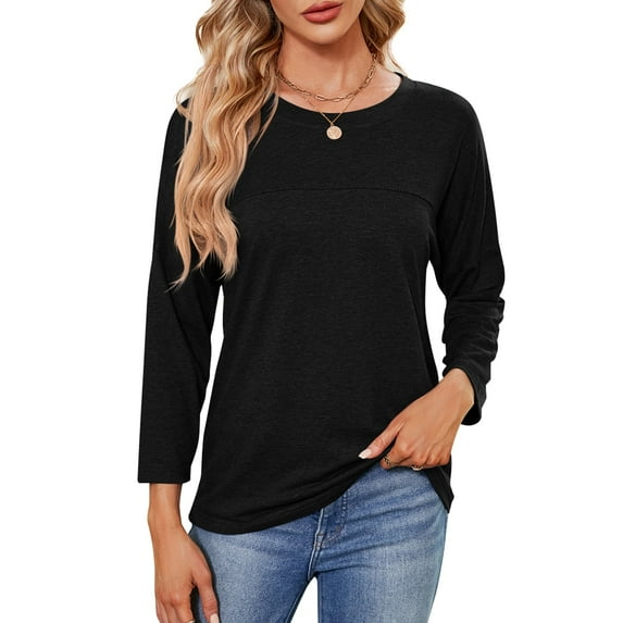 MOMOFEEL Long Sleeve Top for Woman Crewneck T-Shirts 3/4 Sleeve Tunic Tops For All Seasons (M9001 Black M)