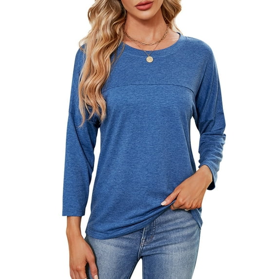 MOMOFEEL Long Sleeve Top for Woman Crewneck T-Shirts 3/4 Sleeve Tunic Tops For All Seasons (M9001 Blue L)
