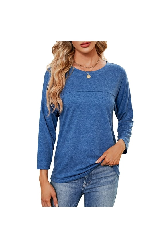 Long Sleeve Top for Woman Crewneck T-Shirts 3/4 Sleeve Tunic Tops For All Seasons (M9001 Blue XL)