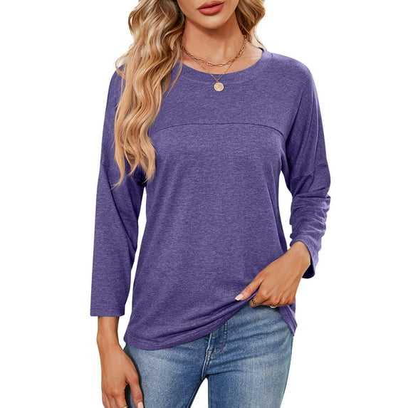 MOMOFEEL Long Sleeve Top for Woman Crewneck T-Shirts 3/4 Sleeve Tunic Tops For All Seasons (M9001 Light Purple S)