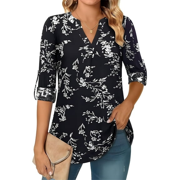 MOMOFEEL Long Sleeve Shirts for Women 3/4 Sleeve Loose Blouses V-neck Tunic Tops Summer or Spring (M9014 Black S)