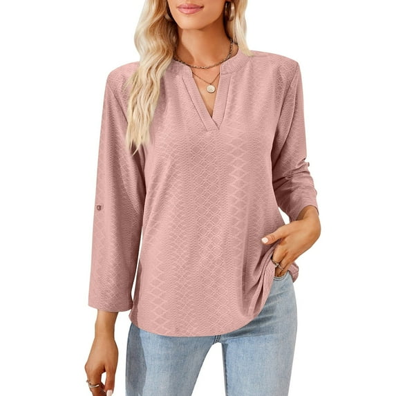 MOMOFEEL Women's Shirt Casual Long Sleeve Shirt V-neck Blouses Casual 3/4 Sleeve Tunic Tops(M9007 Pale Pink)