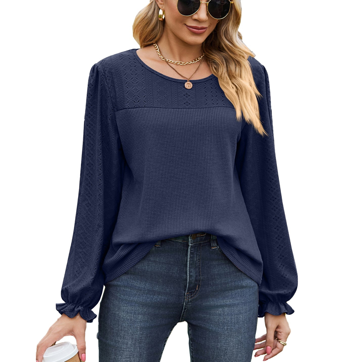 MOMOFEEL Puff Lace Long Sleeve Shirts for Women Crewneck Tunic Tops ...