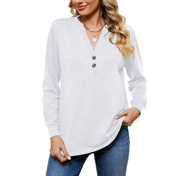 MOMOFEEL Womens Long Sleeve Shirts Casual V Neck Tunic Tops Loose Pullover Blouses For Spring or Summer (M9006 White XL)