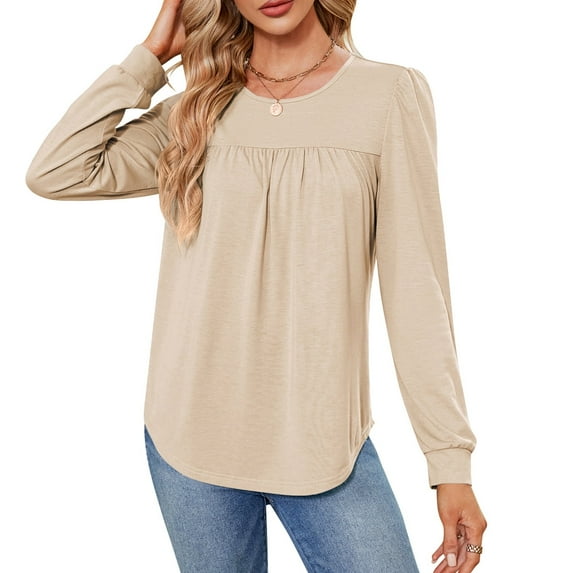 MOMOFEEL Long Sleeve Shirt For Woman Tunic Tops Loose Pleated Crewneck Top For Summer (M9003 Apricot XL)