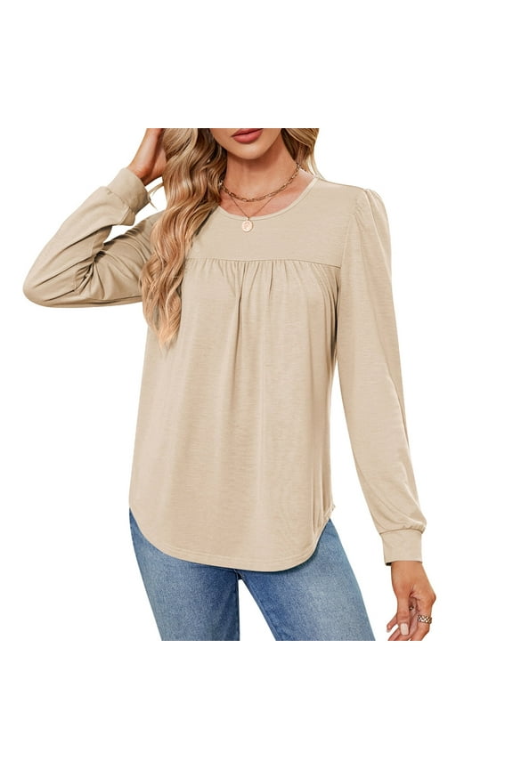 Long Sleeve Shirt For Woman Tunic Tops Loose Pleated Crewneck Top For Summer (M9003 Apricot L)