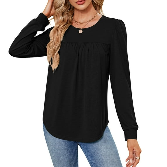 MOMOFEEL Long Sleeve Shirt For Woman Tunic Tops Loose Pleated Crewneck Top For Summer (M9003 Black L)