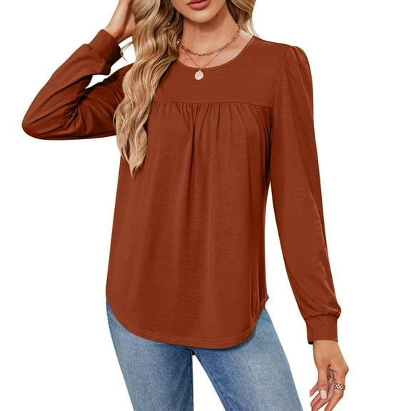 MOMOFEEL Long Sleeve Shirt For Woman Tunic Tops Loose Pleated Crewneck Top For Summer (M9003 Orange L)