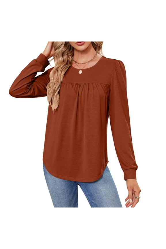 Long Sleeve Shirt For Woman Tunic Tops Loose Pleated Crewneck Top For Summer (M9003 Orange L)