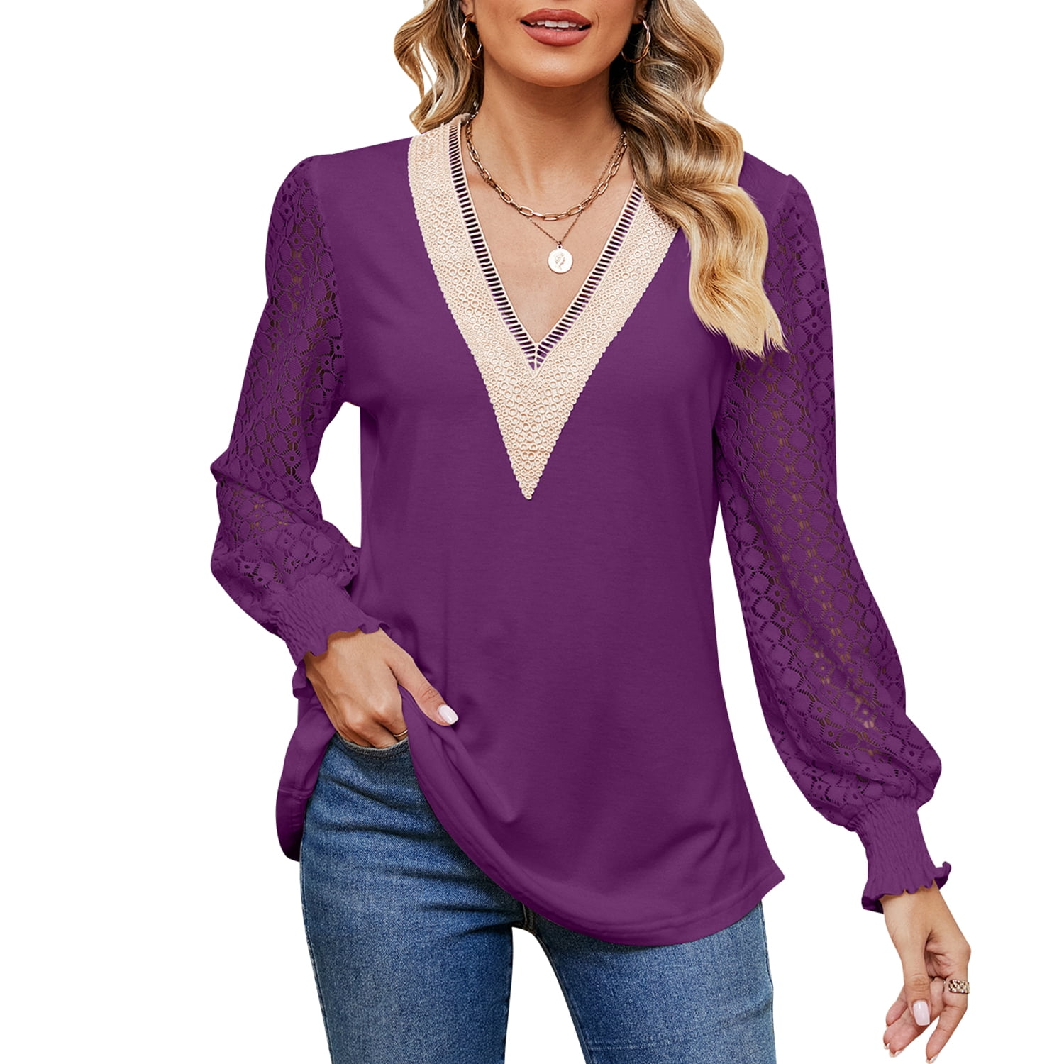 MOMOFEEL Womens Puff Long Sleeve Tunic Tops Lace V Neck Shirts Causal ...