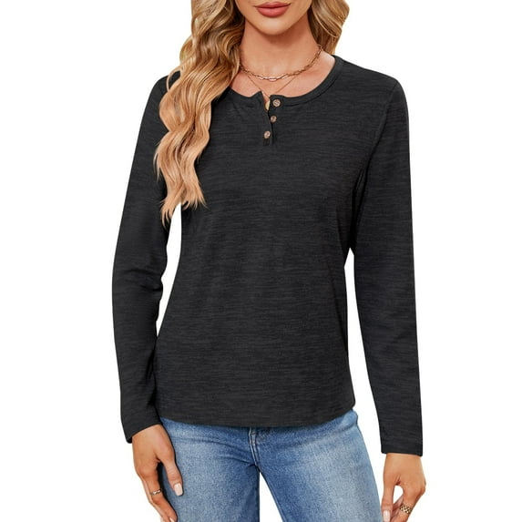 MOMOFEEL Long Sleeve Tunic Tops For Woman Crewneck Henley Shirts Pullover For All Seasons (M9002 Black S)