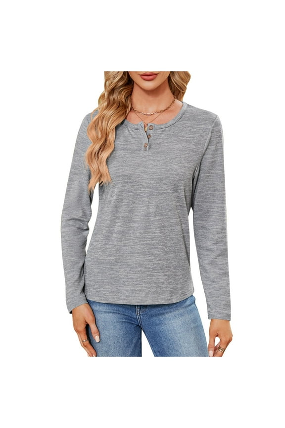 Long Sleeve Tunic Tops For Woman Crewneck Henley Shirts Pullover For All Seasons (M9002 Gray M)