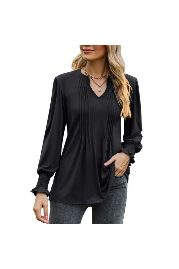 Long Sleeve Tunic Top for Woman Dressy Casual Blouses Loose Fit Pleated V Neck Shirts For Spring or Summer (M9013 Black XL)