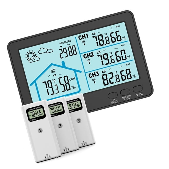 MOMOJIA 3 SensorsW1re1essHygrometer Thermometers 5 Inches LCD Display Transmission Weather Monitors Systems for Multiple Room