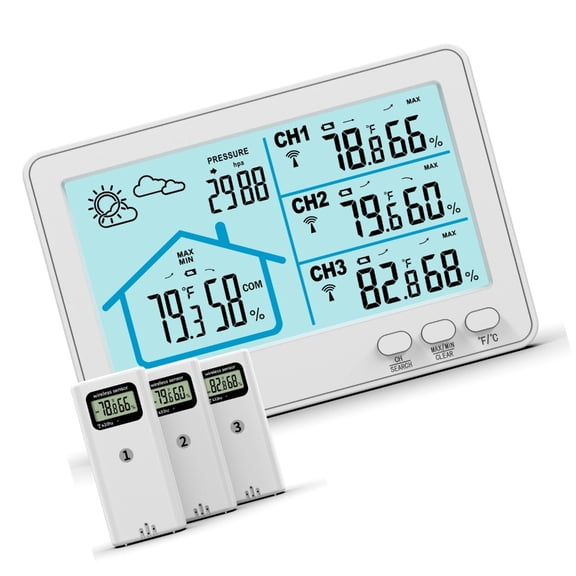 MOMOJIA 3 SensorsW1re1essHygrometer Thermometers 5 Inches LCD Display Transmission Weather Monitors Systems for Multiple Room