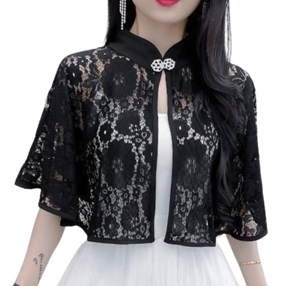 MOMOJIA Elegant Crocheted Open Front Coat Ventilated Sheer Capelet Shrug Boleros Capes Shoulder Cover Up Evening Prom Party Dress