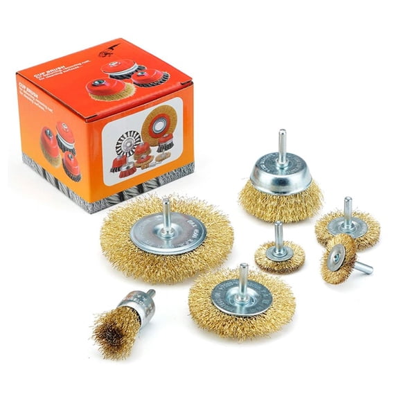 MOMOJIA Pack of 7 Wire Brush Brass Plated Wheels Brushes Drill Rotary Tools Metal