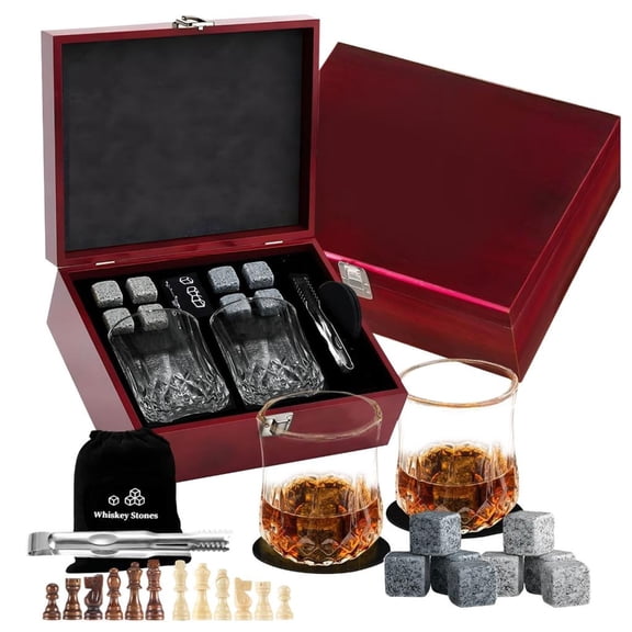 MOMOJIA Premium Whiskeys Drinking Set Including Chilling Stone Glasses And Chess Case Container